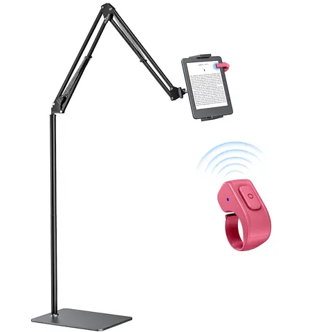 DATAFY Ring Page Turner & Metal Floor Stand Set, Hands-Free eReader Accessories with Remote Clicker, Tool-Free Setup Adjustable Holder for Kindle Paperwhite Oasis Scribe Kobo (Bed Reading)