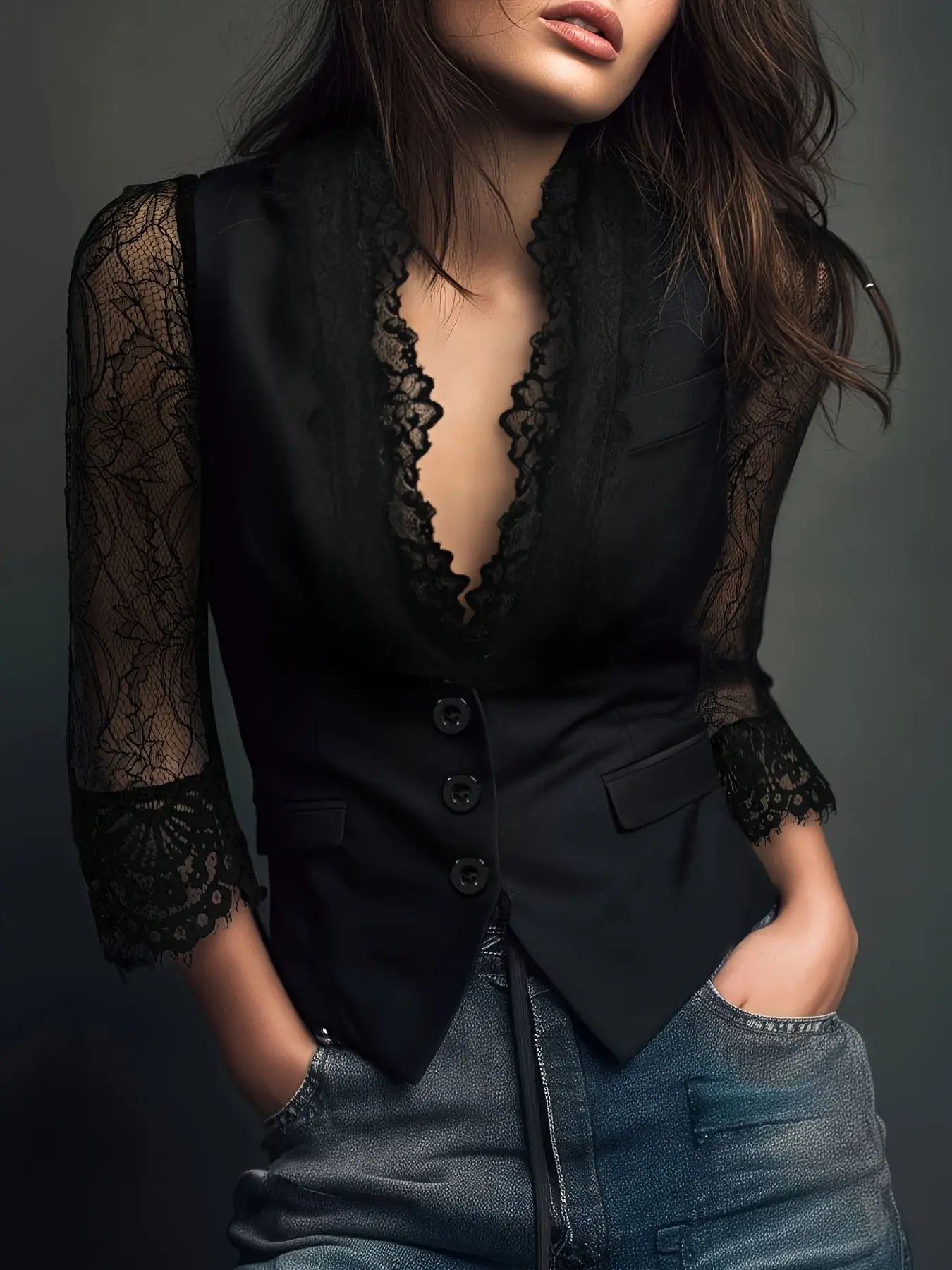 Spring Summer Women's Elegant Chic Fitted Lace Patchwork Long Sleeve Single Button Fashion Dressy Blazer, Perfect for Daily Commute, Formal Business Attire, Stylish Office Wear