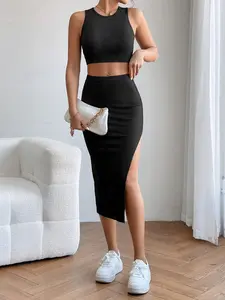 USBoutiqueCHIC Women's Ribbed Crop Top & Maxi Skirt Set - Blue Sexy Two Piece Outfit for Night Out Party & Date