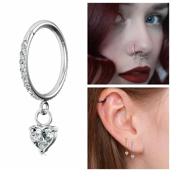 Oufer Women's Casual 18G-20G Rhinestone Dangle Heart Hinged Latch Segment Nose Ring, Adjustable Size Body Jewelry for Helix Nose Piercings