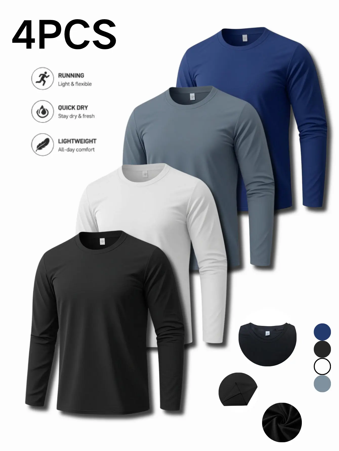 4-Pack Men’s Quick-Dry Crew Neck Long Sleeve T-Shirts, Lightweight Breathable Running & Fitness Base Layer Casual Tops