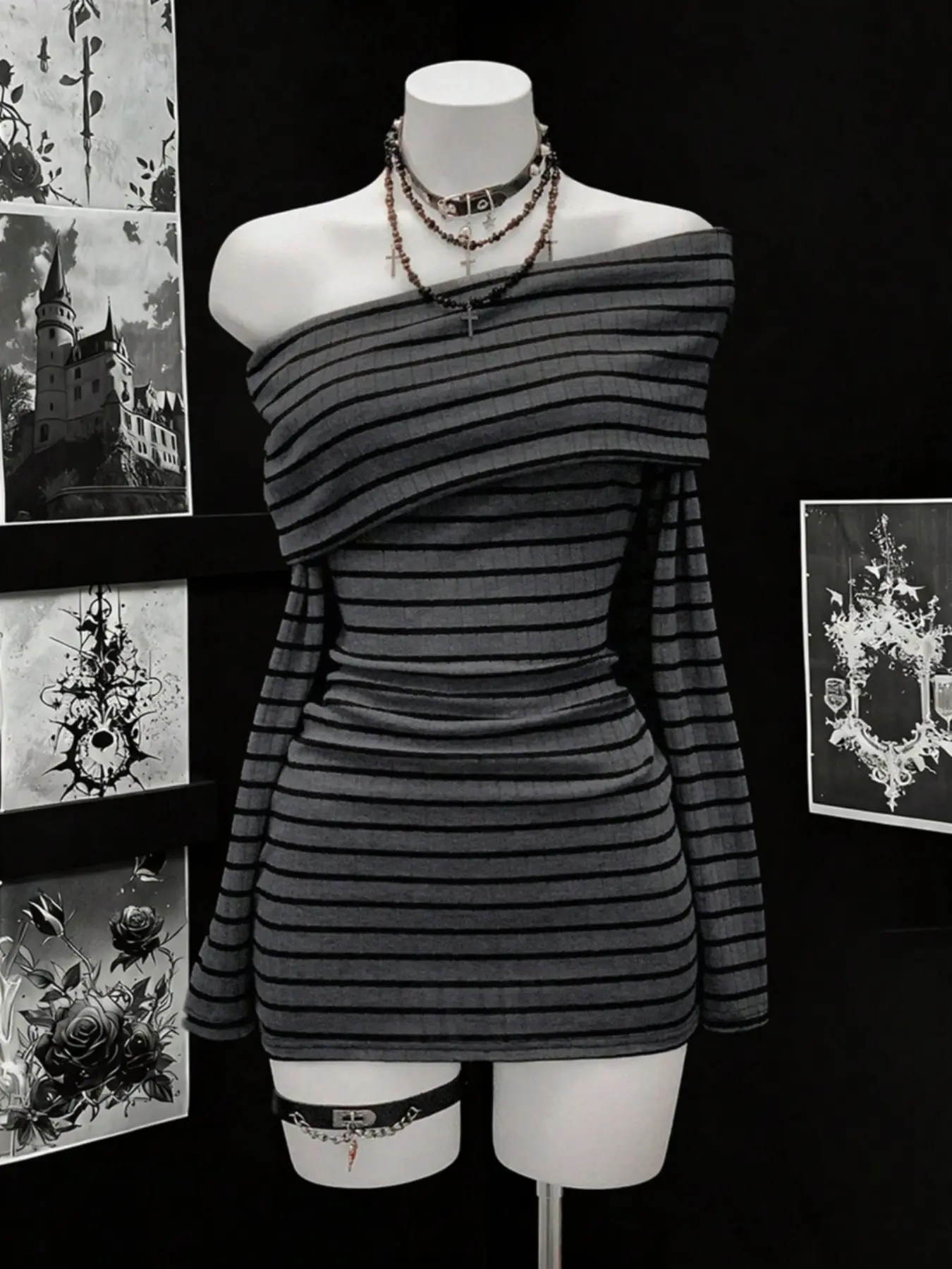 Women's Fashion Bodycon Striped Long Sleeve Dress, Stylish Casual Wear, Casual Classy Dress, Perfect for Daily, Comfortable and Trendy Design，Off-the-shoulder slim-fit stretch dress