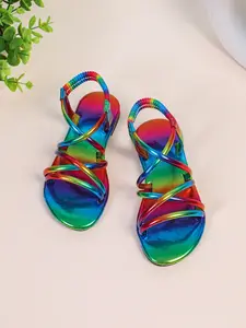 Girls' Summer Rainbow Sandals, Soft Sole, Elastic Strap, Non-Slip, Comfortable, Casual Style, Plain Pattern, PU Upper, Rubber Sole