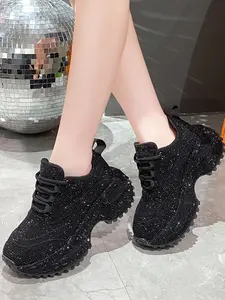 Women's Fashion Thick Sole Sparkling Rhinestone Glitter Design Sneakers, Multi-Scene Wear, Available in Large Sizes, Stylish Sporty Shoes