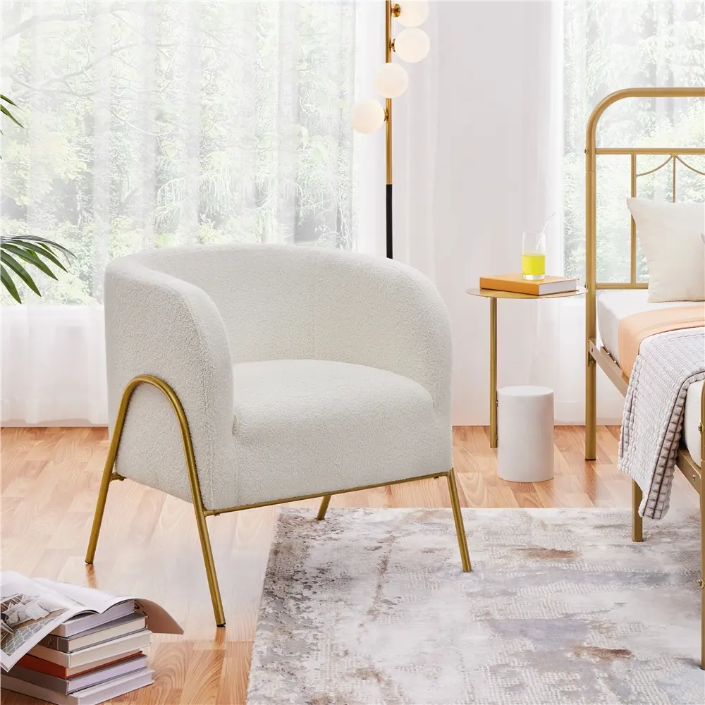 Yaheetech Textured Boucle Barrel Accent Chair with Foam Cushion - Gold-tone Metal Legs, Indoor Furniture for Living Room, Bedroom