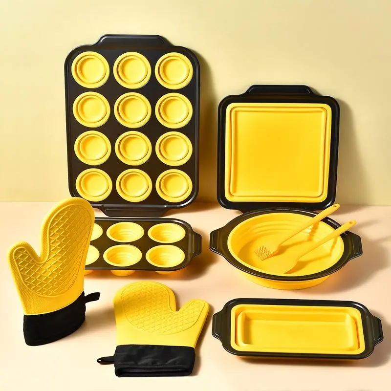Silicone Baking Set, 8 Counts/set Including Cake Baking Pan & Toast Mold & Heat Resistant Gloves & Spatula & Brush & Tongs, Kitchen Baking Supplies