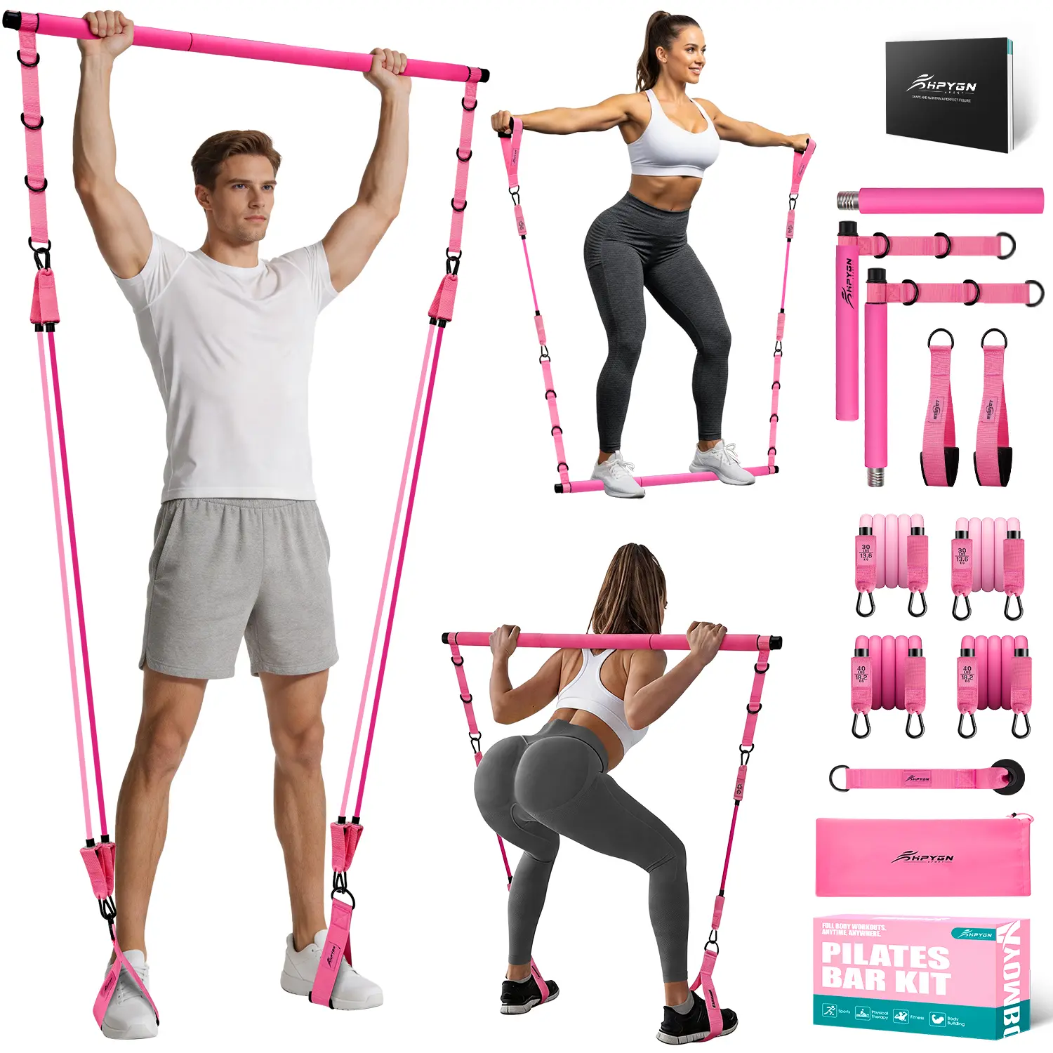 Pilates workout,Pilates Bar Kit with Resistance Bands, Pilates Workout Equipment for Legs, Hip, Waist, Arm, Squats Exercise Equipment for Home Workouts, Adjustable 3-Section Pilates Bar Kit for Women & Men,Gifts for the family,Best gift of Valentine's Day