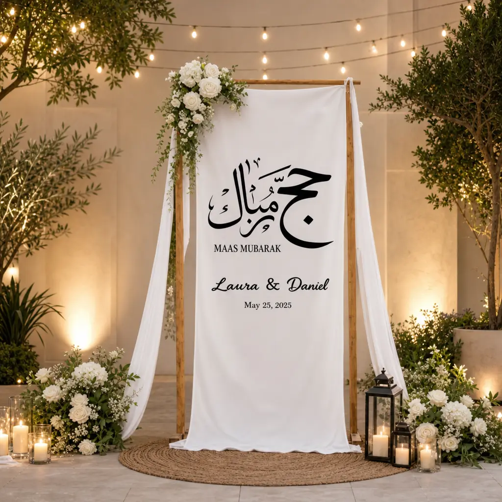 Hajj Mubarak Banner Personalized, Arabic Calligraphy Islamic Decor, Eid Party Wall Hanging, Custom Name Eid Celebration Sign