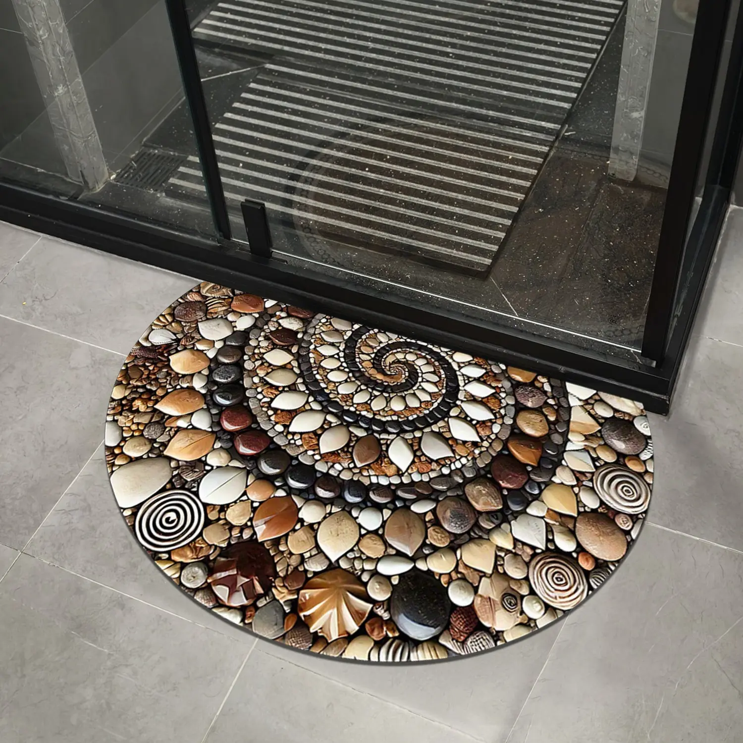 Half Round Cobble River Stone Doormat Geometric Pattern Hand Hooked Non Slip Durable Indoor Outdoor Entryway Rug Home Garage Decor