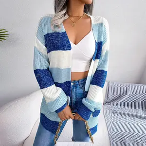 Colorblock Blue and White Knit Cardigan – Casual Open Front Sweater with Relaxed Fit and Long Sleeves-D240518