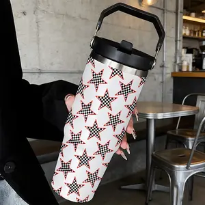 Loyr 30oz Insulated Handheld Water Bottle, Chessboard Star Pattern Design, Stainless Steel Leak-Proof, Large Capacity Portable Cup