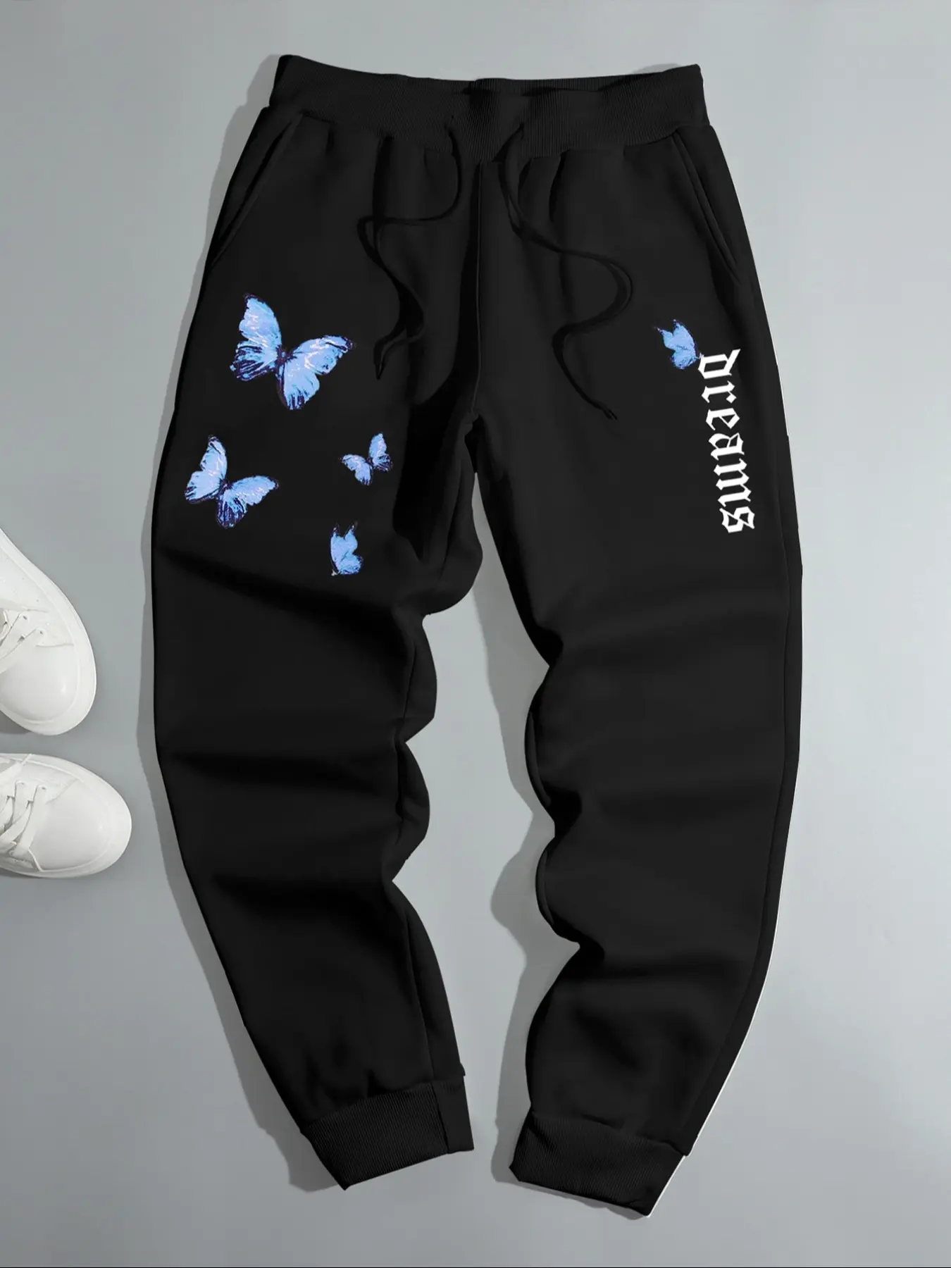 Men's Fleece Lined Jogger Pants with Butterfly and Letter Print, Warm Casual Sports Trousers for Fall & Winter, Comfortable Fit for Daily Wear, Runner Pants