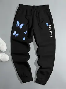 Men's Fleece Lined Jogger Pants with Butterfly and Letter Print, Warm Casual Sports Trousers for Fall & Winter, Comfortable Fit for Daily Wear, Runner Pants