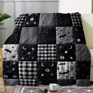 Halloween Throw Blankets, Black and White Patchwork Plaid Star Moon Pumpkin Print Cozy Sofa Bed Blanket with Pink Satin Ruffle Bedding Set