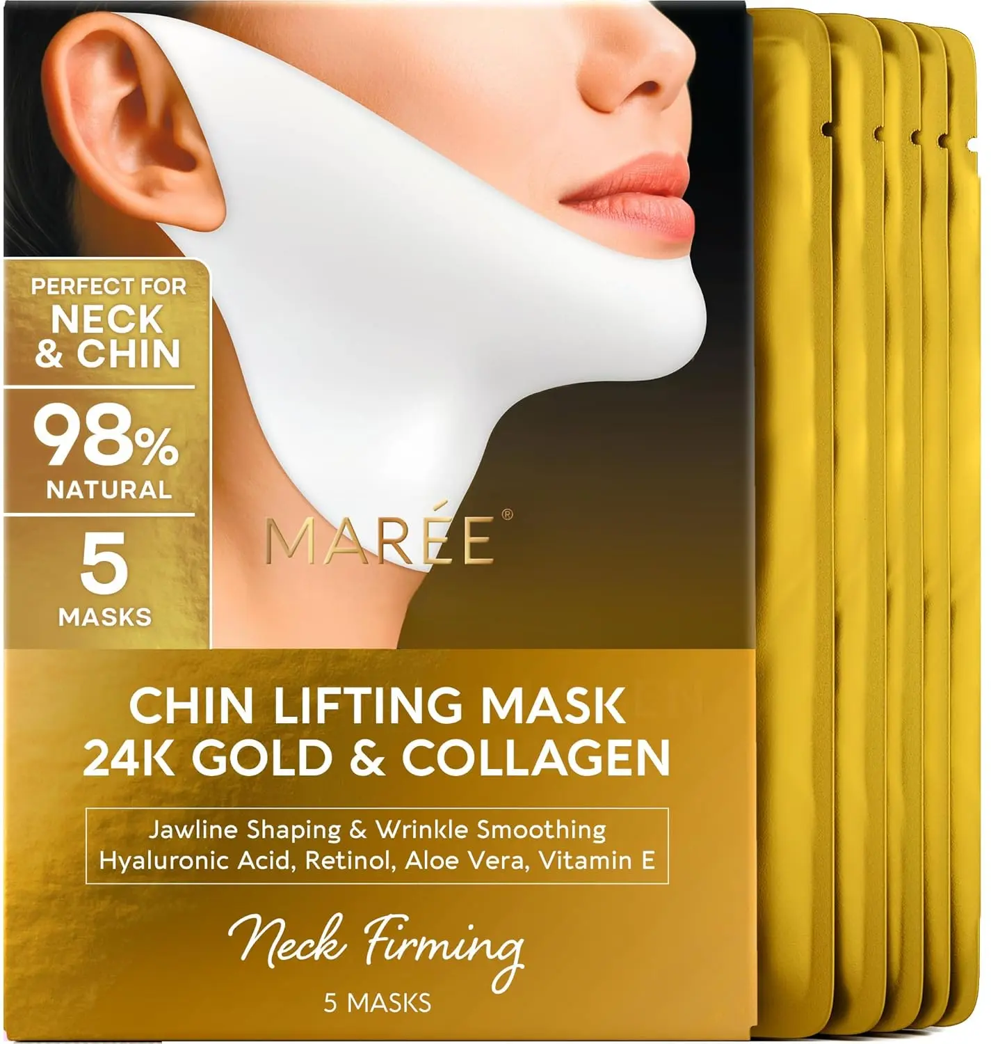 V Line Lifting Mask with 24K Gold – Deep Collagen Face Mask for Women – Jawline Shaper Mask with Retinol & Hyaluronic Acid – Neck Tightening & Firming - Double Chin Strap for Face Lift