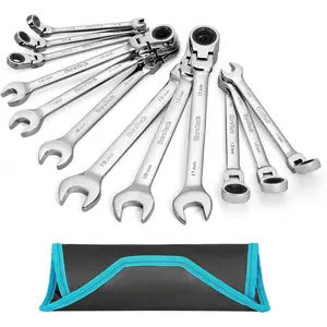 [Father's Day Gift]Flex-Head Ratcheting  Set, Combination  Set, 72 Tooth, Metric, 12-piece, Size Covers 8-19mm, CR-V Steel, with Rolling Pouch Wrench