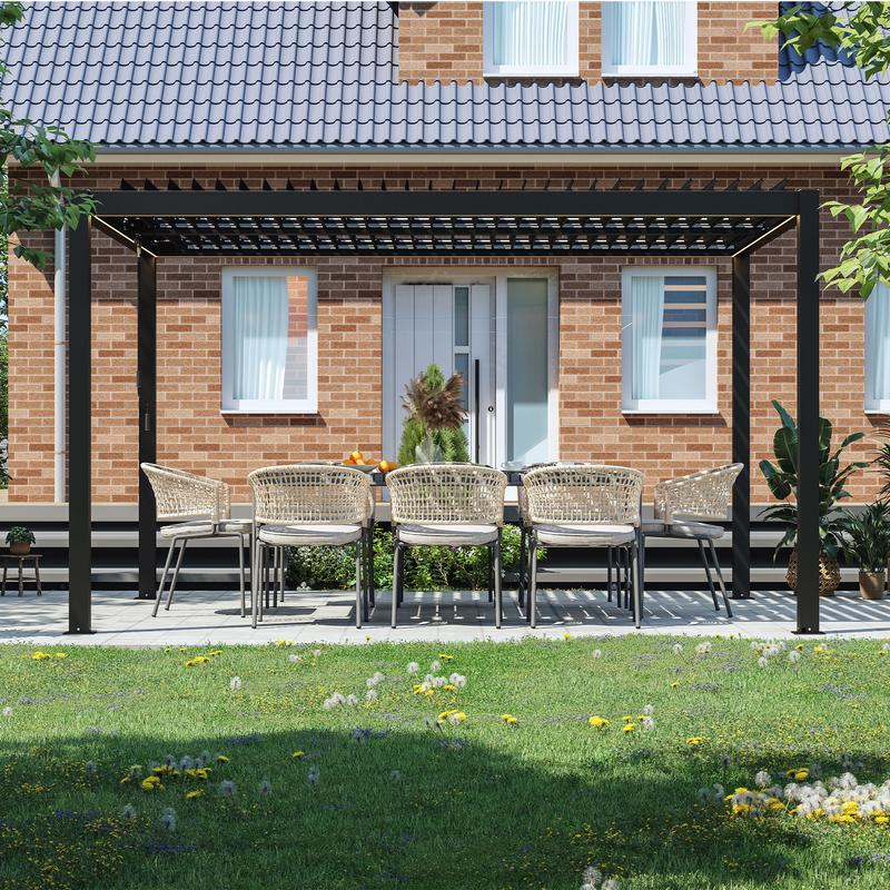 13' x 10' Aluminum Pergola with Adjustable Louvered Roof & Rainproof Drainage System Dark Grey Durable Wind-Resistant for Patio Deck & Garden Includes Waterproof Curtains & Nets