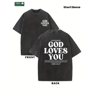 Men's Heavyweight Pure Cotton T-Shirt - Oversized Loose Fit Short Sleeve Round Neck Tee with "God Loves You" Print, Washed Softness for Casual Casual Attire, - Comfortable (Year-Round)
