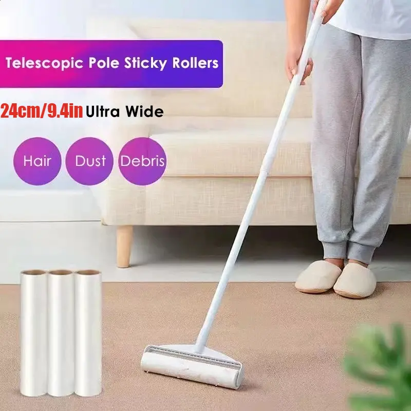 Lint Rollers for Pet Hair Removal - 24cm (9.4in) Ultra Wide Sticky Surface, Adjustable Long Handle Telescopic Pole, Efficient Cleaning Tool for Carpets, Floors