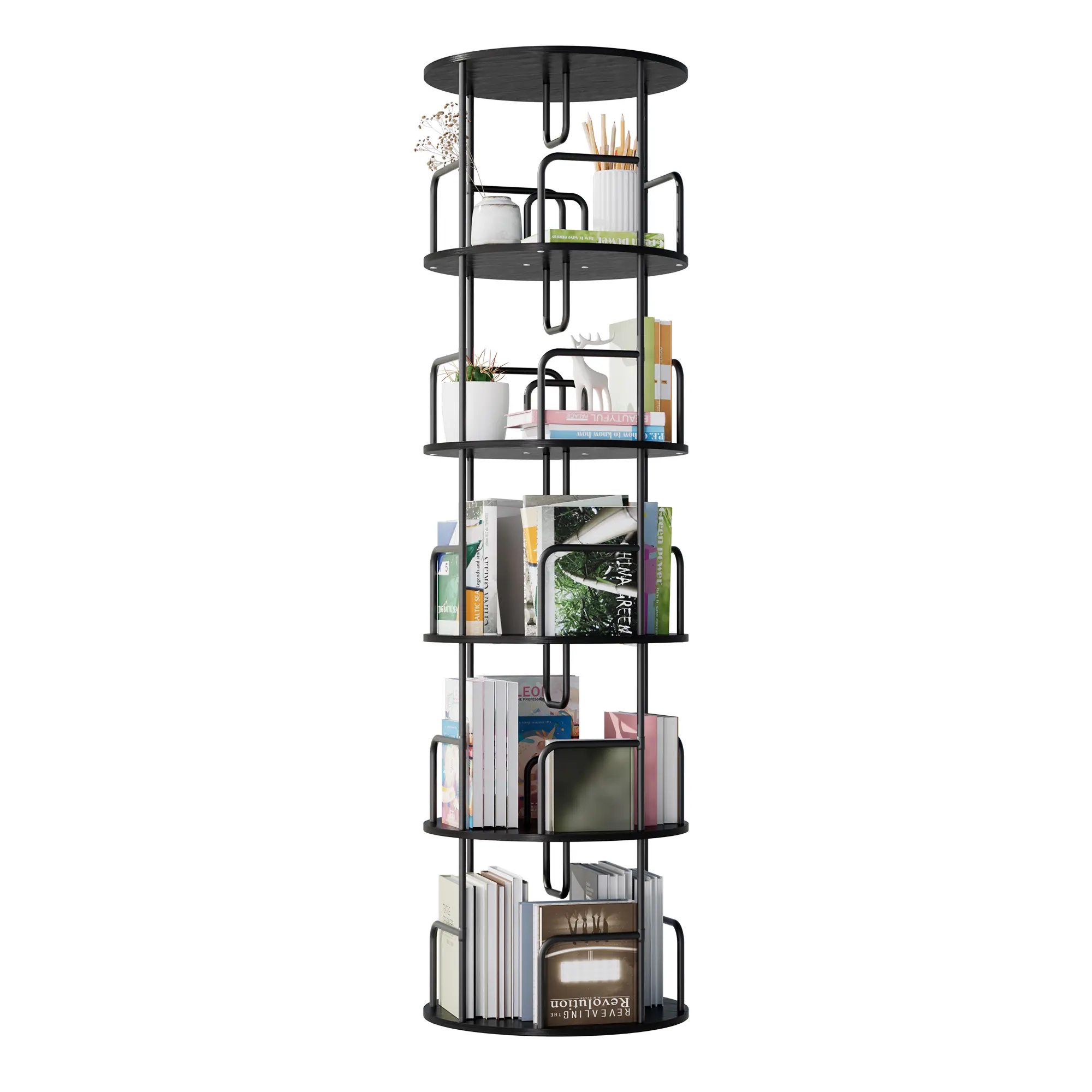 5-Tier Narrow Tall Vertical Book Storage Rack - 360° Rotatable Revolving Metal-Base Organizer, Round Fire Safety Labeled Storage Tower for Bedroom, Living Room, Rotating Storage