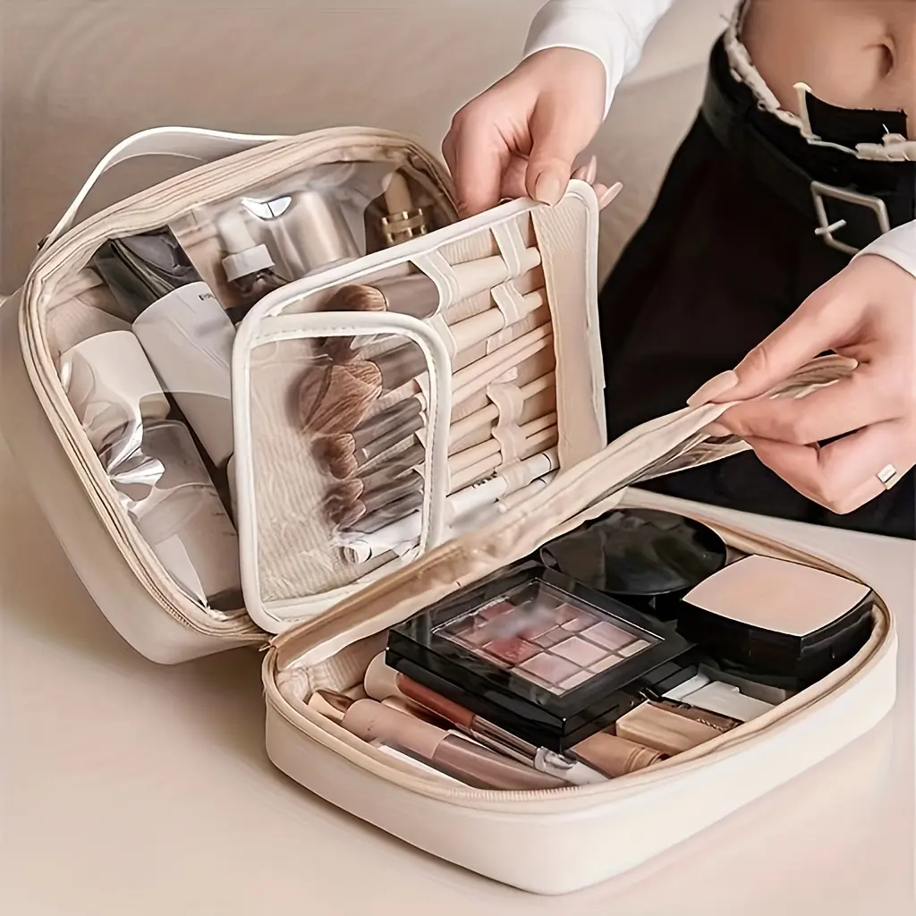 Large Double-Layer Travel Makeup Bag  Zippered Toiletry Bag, Perfect for Skincare & Makeup Essentials, Travel Makeup Storage | Functional Makeup Bag | Sleek Beige Tone travel toiletry organizer dopp kit new  make  up  bag