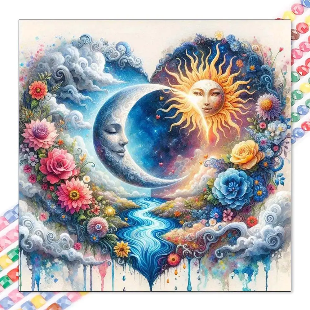 5D DIY Full Drill Round Diamond Painting Kit - Sun and Moon Mosaic Canvas DIY Wall Art, Home Wall Decoration