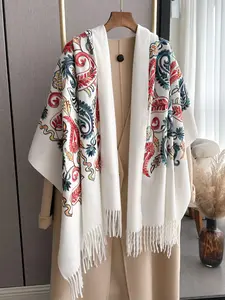 Women's Floral & Leaf Embroidery Tassel Decor Shawl, 2024 New Style Casual Elegant Floral Print Scarf for Fall & Winter, Fashion Accessories for Women & Girls