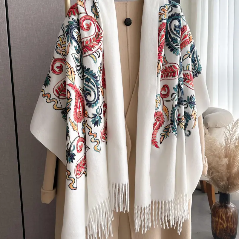 Women's Floral & Leaf Embroidery Tassel Decor Floral Pattern Shawl, 2024 New Style Casual Elegant Floral Print Scarf for Fall & Winter, Fashion Accessories for Women & Girls, Floral Embroidered Scarf