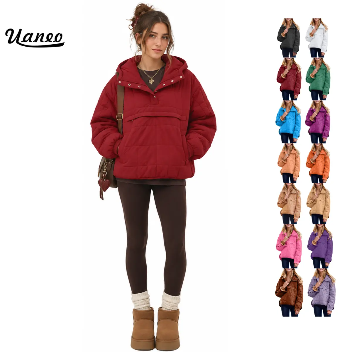 UANEO Women's Oversized Hooded Puffer Jacket Quilted Pullover Dolman Long Sleeve Cozy Lightweight Warm Tops with Big Chest & Side Pockets Casual Outwear
