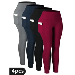 4-Pack High-Stretch Plus size yoga pants Sports Leggings For Women, High-Waisted Cropped Yoga Pants With Pockets, Fitness Running Compression Tights