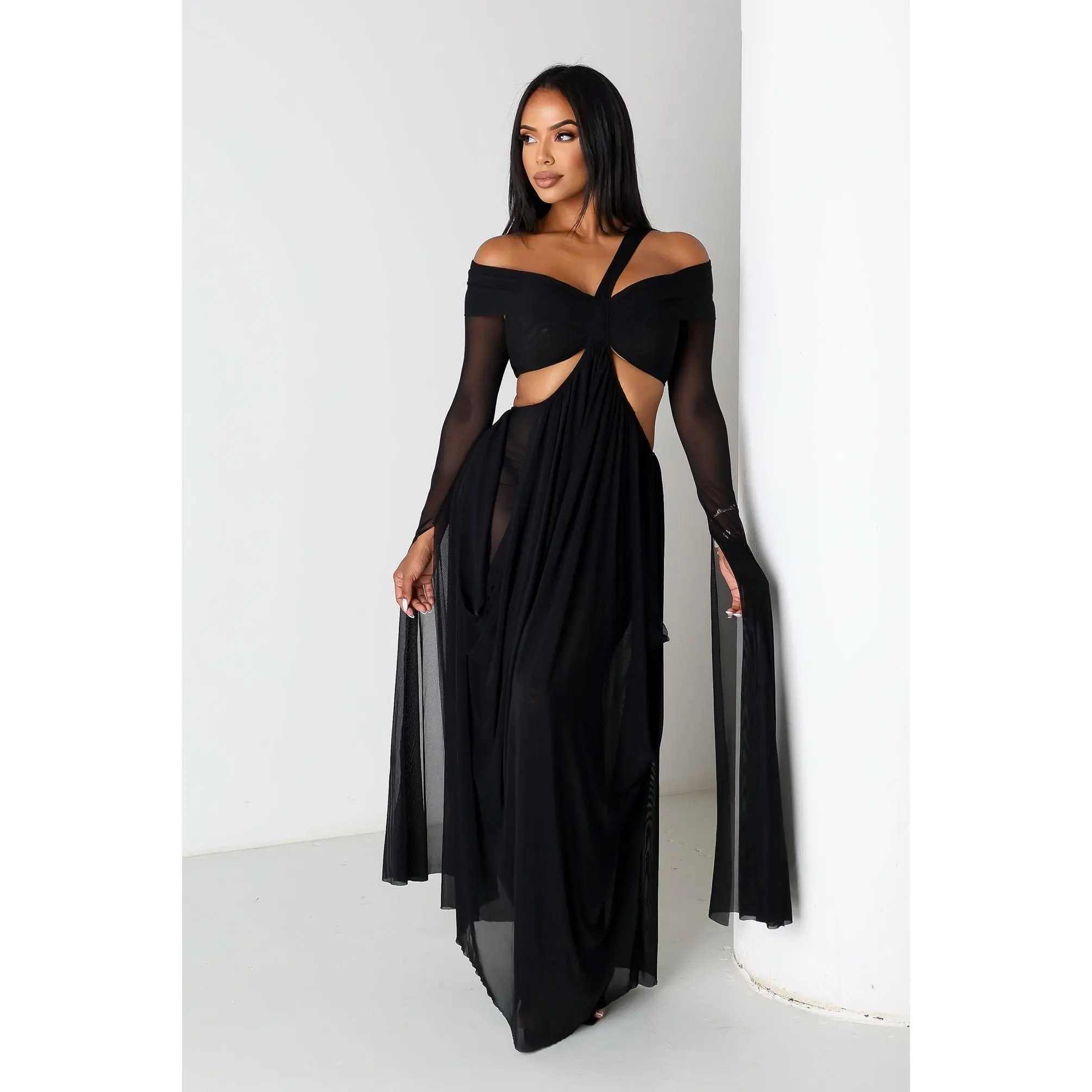 long neon dress Bombshell dress neon color dress maxi length long dress with sleeves s main image 0