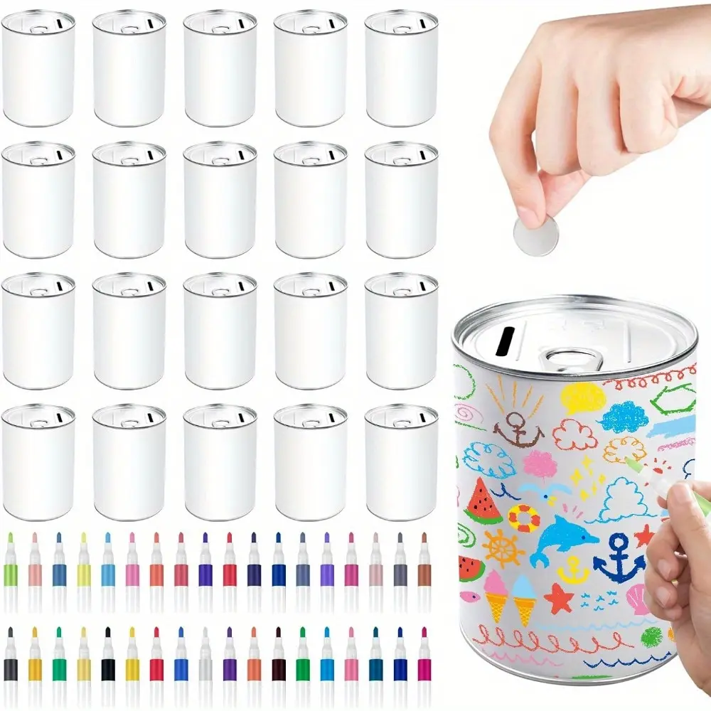 20 Pcs DIY Coin Piggy Bank Creative Craft Kit with 36 Acrylic Paint Markers, Metal Money Saving Box for Kids and Adults, Birthday and Party Gift
