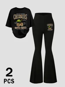 2PCS Y2K Leopard Cherry Print Two Piece Set | Oversized T-Shirt + High Waist Flare Pants | Trendy Streetwear for Women  | Casual & Party Fashion Womenswear | Viral on TikTok 2026