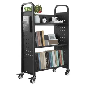 【FathersDayGift】VEVOR Rolling Library Book Cart, 330 lbs Capacity, 30.3 x 15 x 48.0-Inch Library Cart, Single Sided V-Shaped Shelves with 3-Inch Lockable Wheels, Book Truck for Home Shelves Office and School, Black
