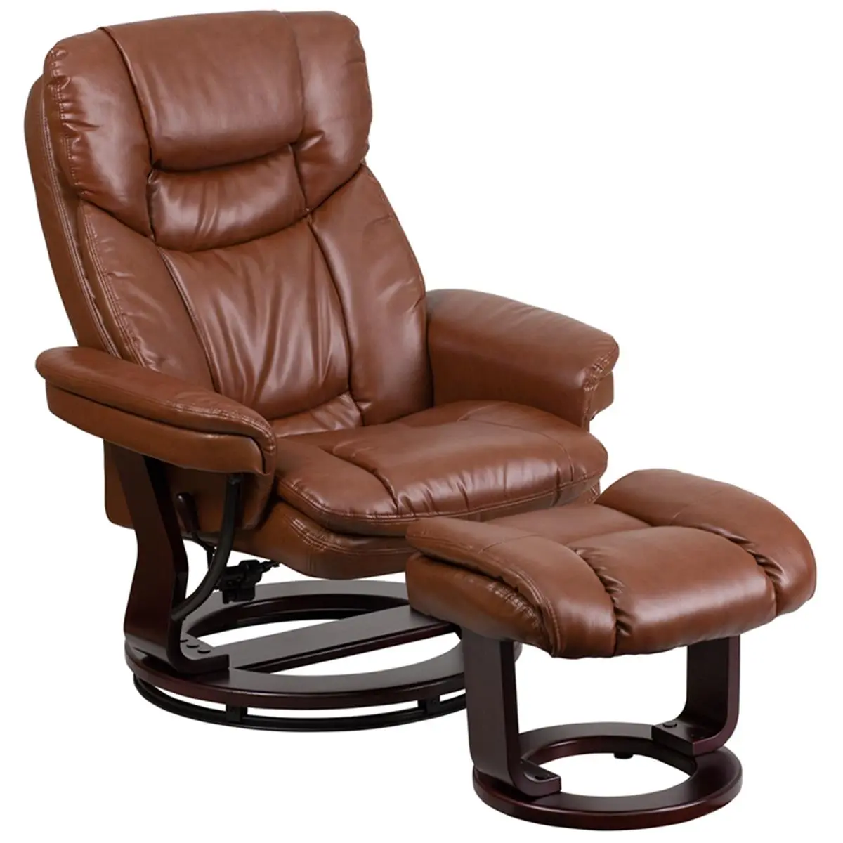 212 MAIN Upholstered Vintage Brown Leather Reclining Chair & Ottoman - Full Reclining Position, Integrated Headrest, Effortless Swivel Movement, Mahogany Wood Swivel Base