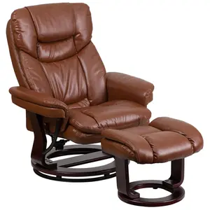Flash Furniture  Contemporary Brown Vintage Leather Recliner & Ottoman with Swiveling Mahogany Wood Base