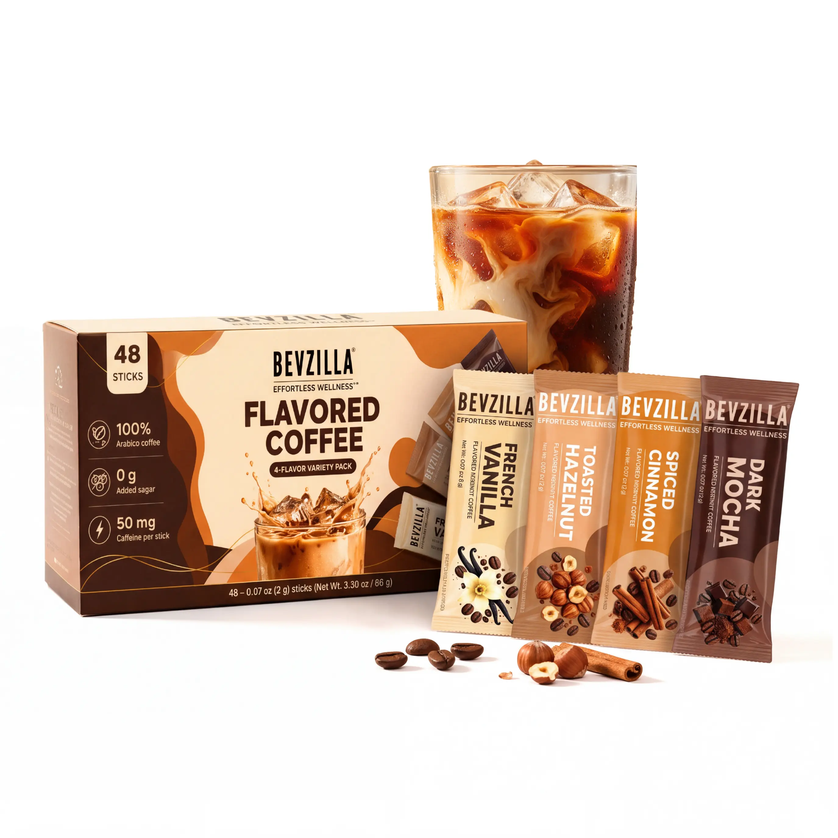 Bevzilla Flavored Instant Coffee Variety Pack - 48 Sticks, 4 Flavors (Vanilla, Hazelnut, Mocha, Cinnamon), 100% Arabica, Low Calorie, No Added Sugar Beverages Bundle