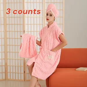 Women's Bathrobe & Hair Drying Cap & Bath Towel Set, 3 Counts/set Soft Lightweight Quick Drying Towel Set, Suitable for Shower Spa Sauna Hotel Vacation