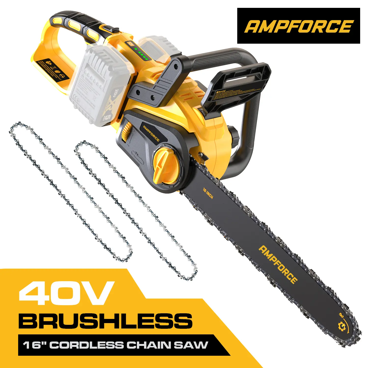 16 Inch Brushless Motor Cordless Chainsaw with Automatic Oil Pump, Compact Oil Can, 40V (2x20V MAX) DeWALT 20V Battery Compatibility, 4-8Ah Support, 2 Chains, Plastic Screwdriver, Metal/Plastic Build, Pruning/Firewood Use, Tool Only (Battery Not Included)