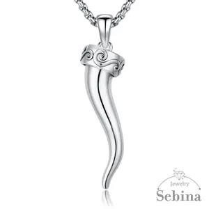 Sebina S925 Italian Horn Necklace Cornicello Charm 925 Sterling Silver Jewelry Relief Vintage Retro Italian Horn Pendant Necklace Gifts for Women Men Birthday Anniversary Lover Graduation