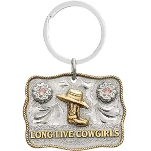 Long Live Cowgirls Keychain | Hand Engraved German Silver Base | Jewelers Bronze Rope Edge | Rose Colored Cubic Zirconia