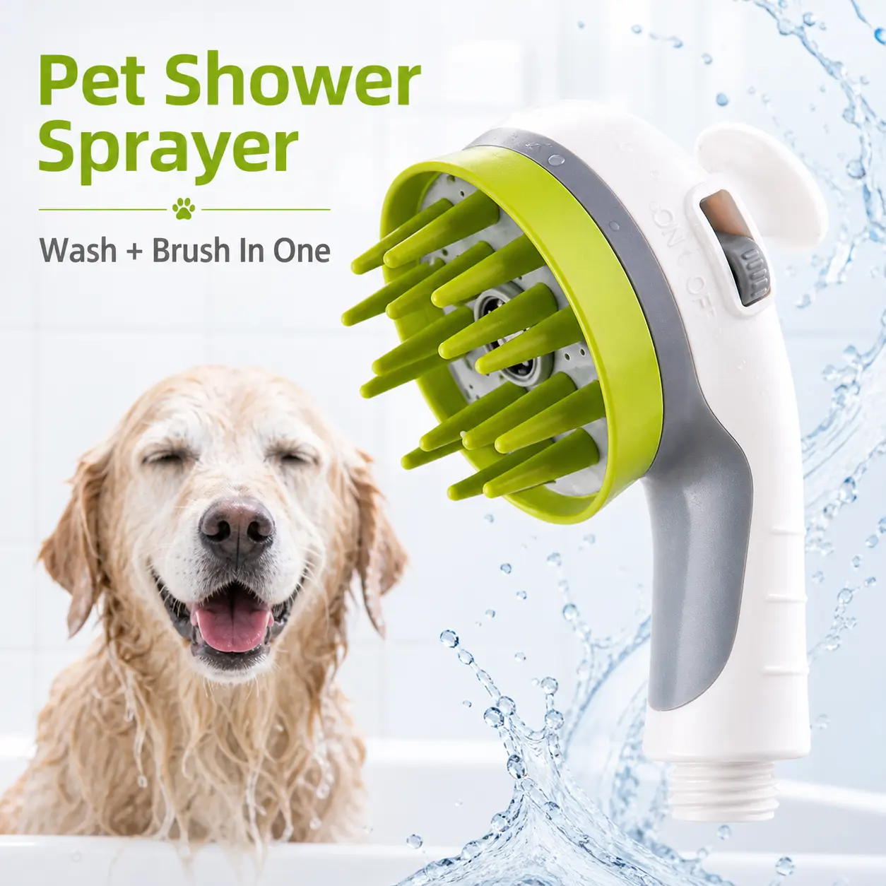 Dog Shower Head Attachment with On-Off Switch, 2-in-1 Universal Pet Bath Scrubber, Soft Silicone Massage Scraper for Deep Clean, High-Pressure Grooming Brush for Thick Fur (ABS Showerheads & Sprayers Compatible)