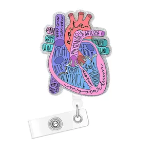 Heart Shaped Retractable Badge Reel, 1 Count Acrylic Glitter Badge Holder, Name Badge Holder for Nurse Doctor Student Worker Volunteer, Badge Supplies