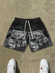 Men's One-Piece Shorts, Beach Vacation Shorts, Athletic Shorts, Streetwear Sports Shorts, Lightweight Mesh Fabric, Basketball Hoop Pattern, Casual Loose-Fit, Gift for Boyfriend/husband