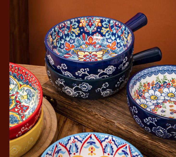 Boho Style Ceramic Pasta Bowl with Handle, Colorful Floral Pattern Serving Bowl, Large Capacity Salad Bowl Dessert Bowl, Premium Ceramic Tableware for Home Kitchen Dinner, Ideal Dinnerware & Kitchen Decor Gift