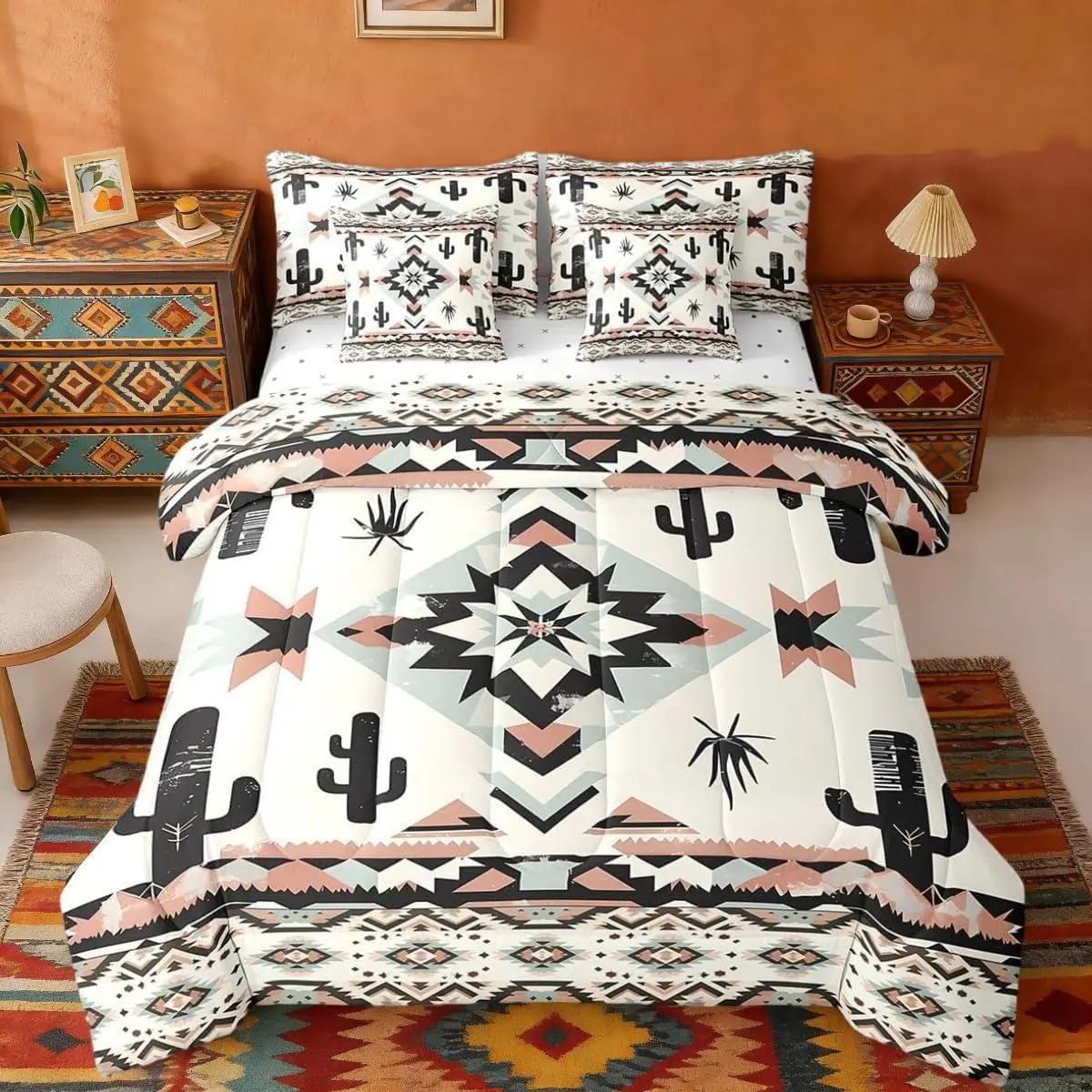Feelyou 7-Pcs Western Aztec Microfiber Quilt Bedding Set - Cactus, Tribal, Geometric Boho Southwestern Native American Navajo Sheet Set with Bed Bag for Kids, Queen Size Option, Microfiber Bedding Set