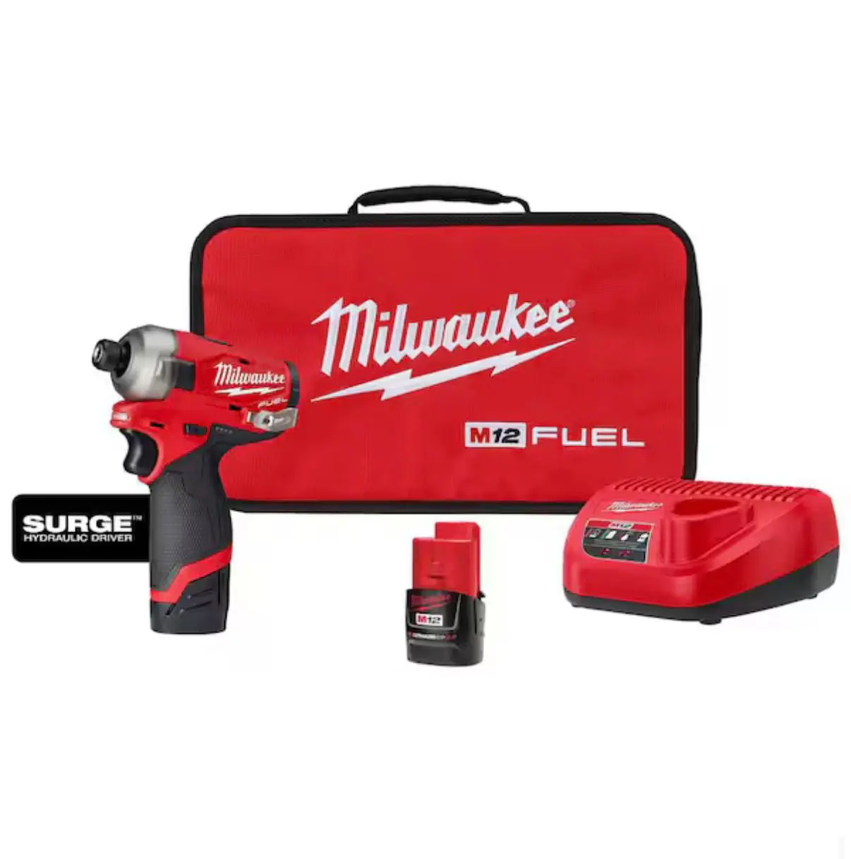 M12 FUEL SURGE 12V Lithium-Ion Brushless Cordless 1/4 in. Hex Impact Driver Compact Kit, Includes 2 x 2.0Ah Batteries and a Carry Bag