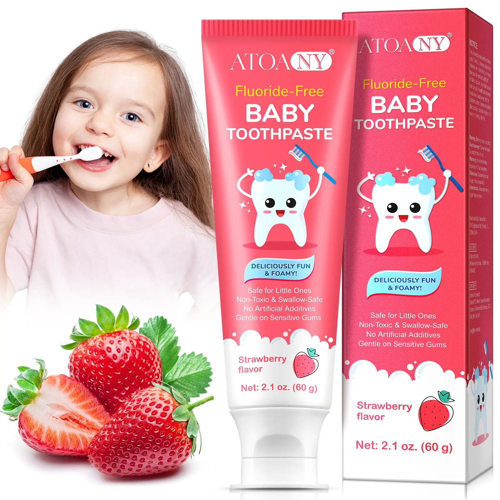 Atoany Strawberry Flavor Children Toothpaste 60g/1 Box, Kid Toothpaste, Brightening Toothpaste, Fresh Breath, Brighten Teeth, Sensitive, Gentle, Non-Alcoholic, No Flammable Aerosols, Oral Care Product