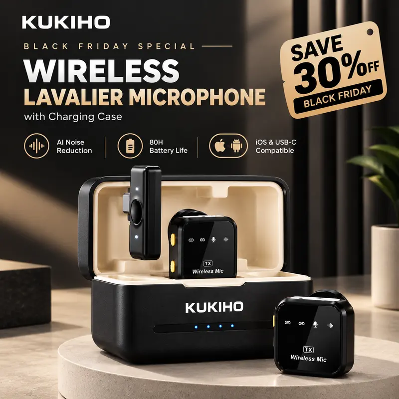 KUKIHO Wireless Cordless Lavalier Microphone - Chargeable Dual Mic for 2, Charging Case, 164ft Range, 80 Hours Batteries, Smart Noise Cancel, USB-C, 5V, 1-Touch Recording, USB Streaming Mic, Vlogging Equipment for Smartphone Videos
