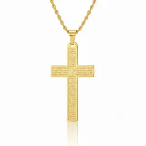 Stainless Steel Mens Womens Cross Necklace Lord's Prayer Pendant, 3 Colors Available Twisted Rope Chain-18''/24"